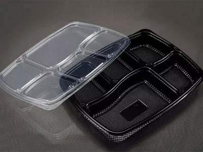 Black Plastic Meal Tray With Lid | Oracle | 5 Compartment